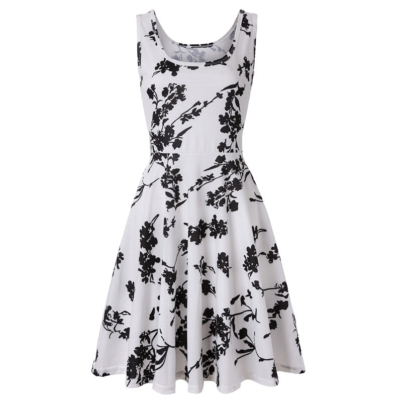 Woman Summer Beach Round Neck Sleeveless Swing Dress