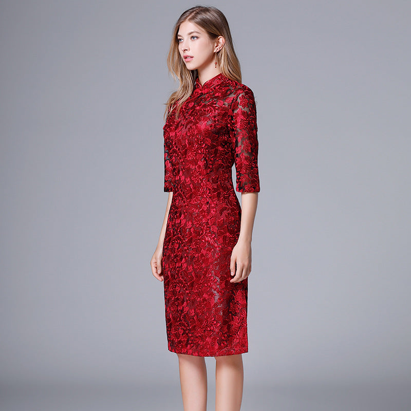 Improvement Chinese Style Cheongsam Lace Mother-in-law Dresses