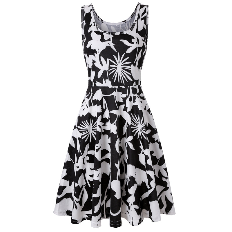 Woman Summer Beach Round Neck Sleeveless Swing Dress