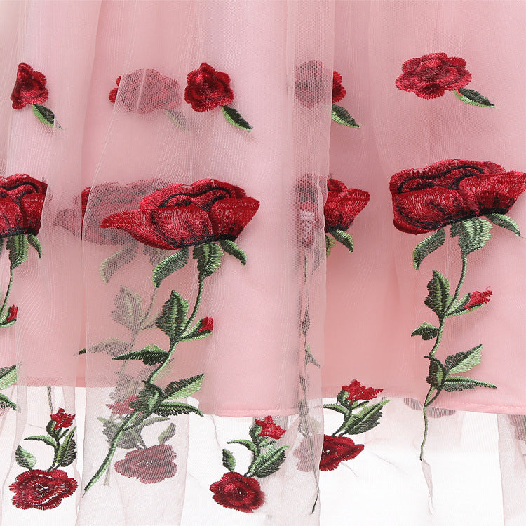 Spring Handmade Rose Embroidered Mesh Ladies Dresses