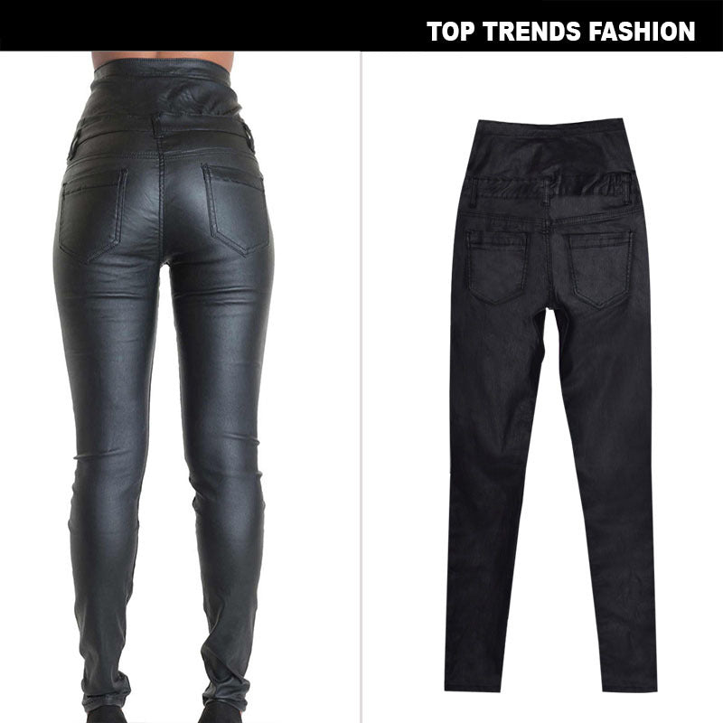 Women's High Waist Breasted Decorative Coating Faux Leather Pants