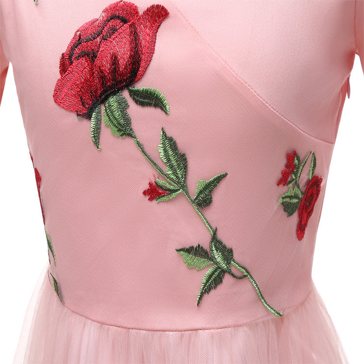 Spring Handmade Rose Embroidered Mesh Ladies Dresses