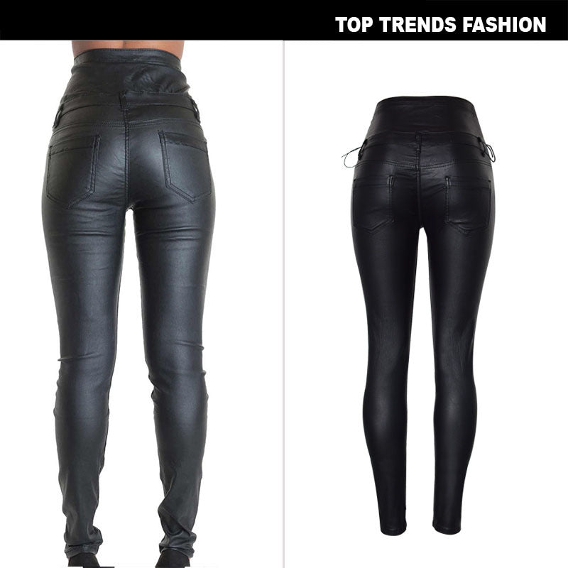 Women's High Waist Breasted Decorative Coating Faux Leather Pants