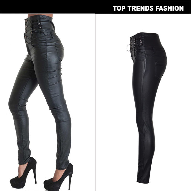 Women's High Waist Breasted Decorative Coating Faux Leather Pants