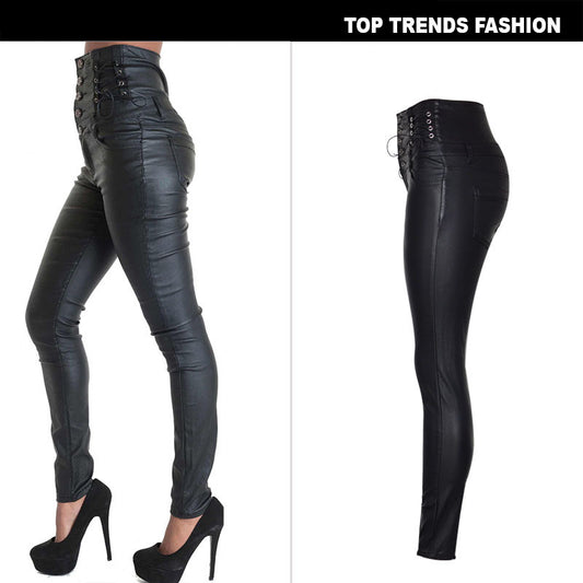 Women's High Waist Breasted Decorative Coating Faux Leather Pants