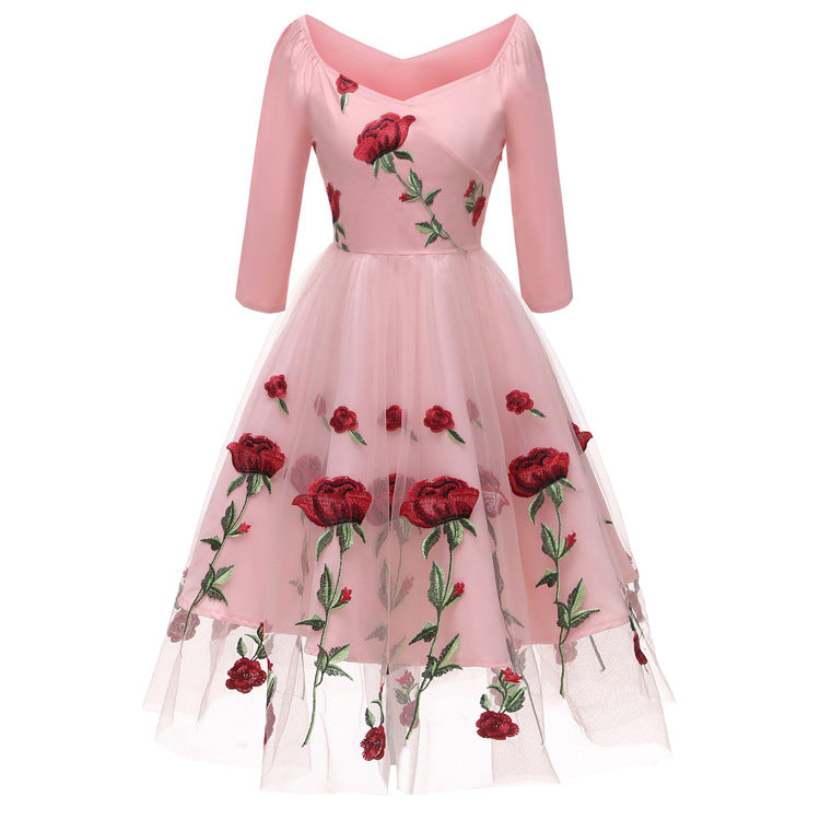 Spring Handmade Rose Embroidered Mesh Ladies Dresses