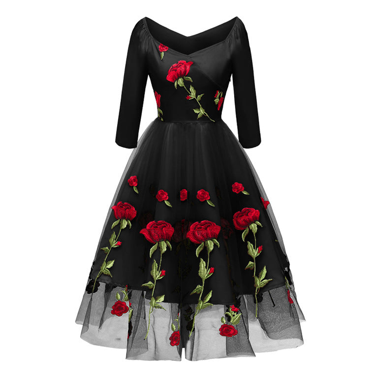 Spring Handmade Rose Embroidered Mesh Ladies Dresses