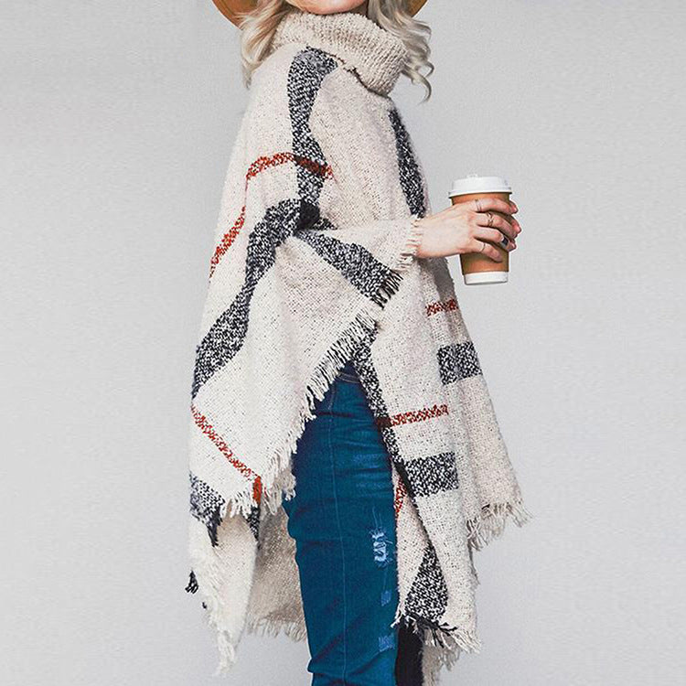 Women's Mid-length Turtleneck Tassel Cape Shawl Loose Plus Size