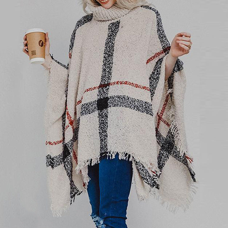 Women's Mid-length Turtleneck Tassel Cape Shawl Loose Plus Size