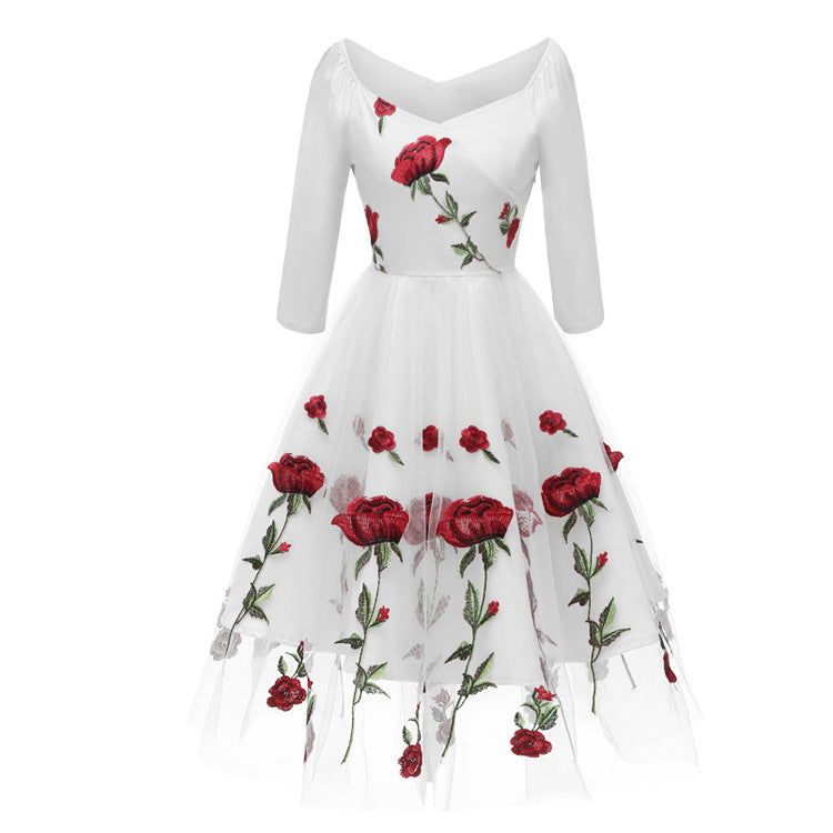 Spring Handmade Rose Embroidered Mesh Ladies Dresses