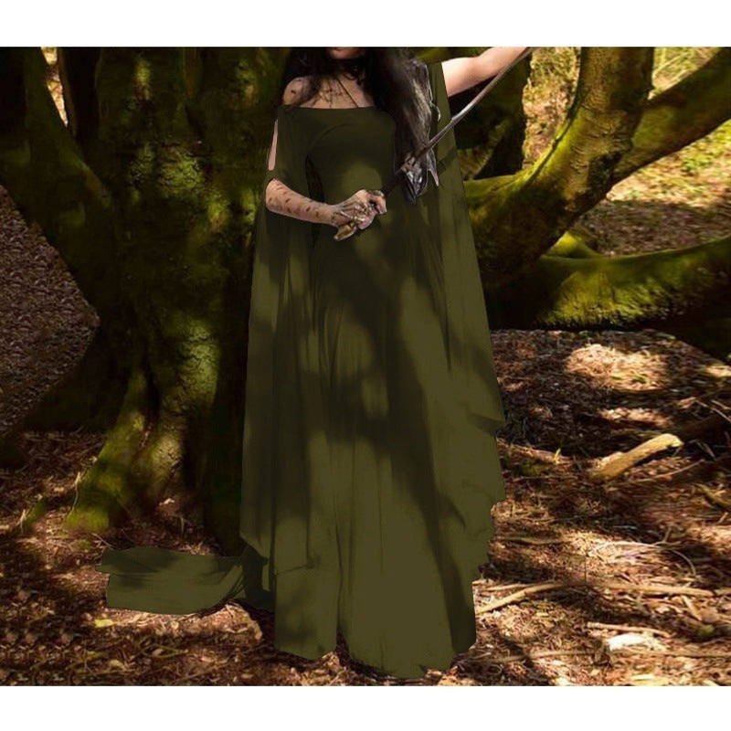 Women's Long-sleeved Round Neck Belt Halloween Long Dress