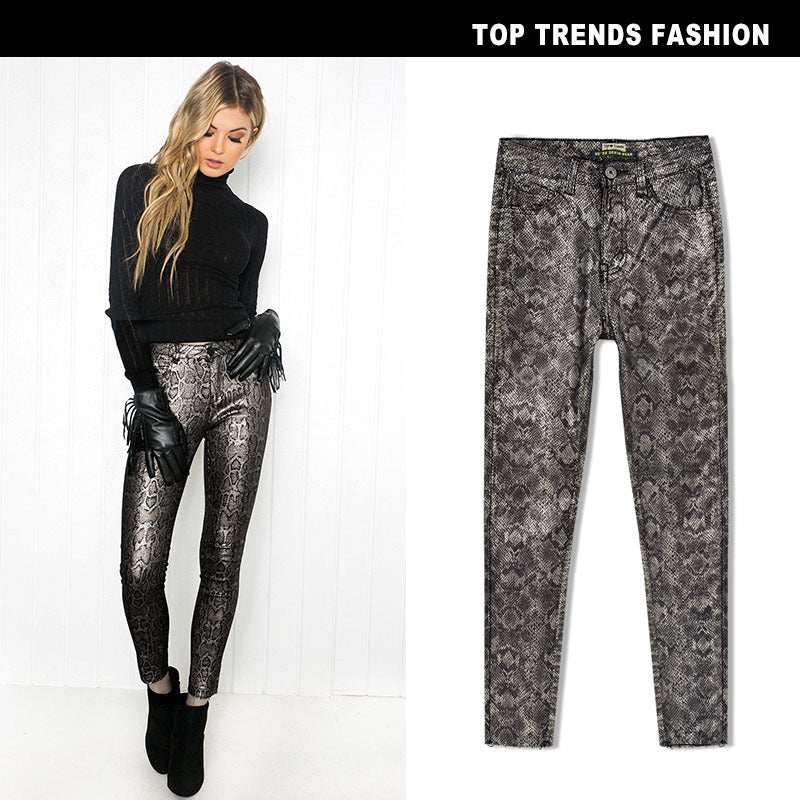 Women's Waist Stretch Coated Sier Snake Pattern Pants
