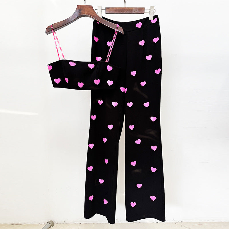 Glamorous Heart-shaped Sequin Sling Two-piece Set Fashion Casual Suit