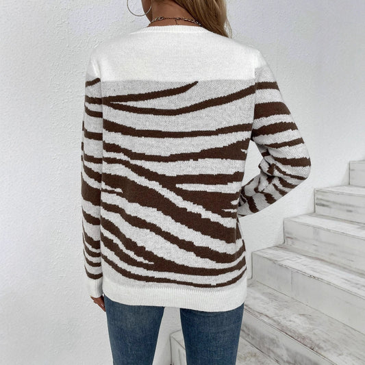 Women's Color Zebra Pattern Round Neck Shoulder Sweaters