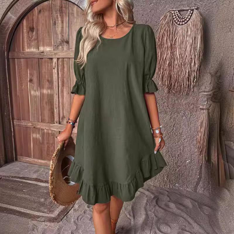 Women's Cotton Linen Half Sleeve Round Neck Solid Color Loose Big Dress