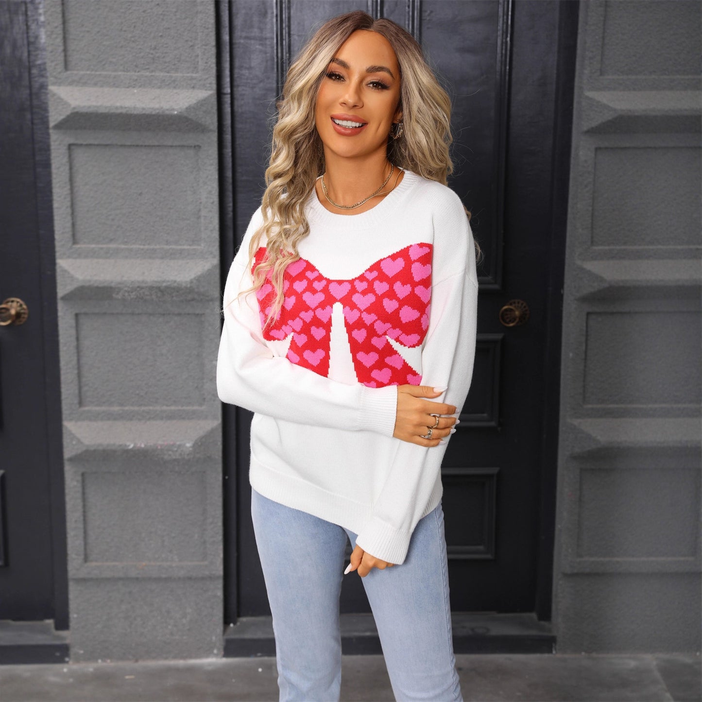 Round Neck Long Sleeve Casual Bow Small Love Sweaters