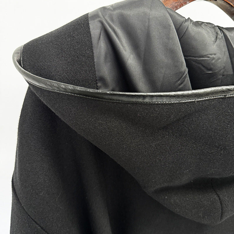 Hooded Belt Batwing Sleeve Mid-length Woolen Jackets