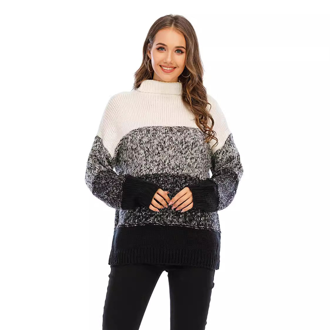 Versatile Women's Spring Splicing Loose Turtleneck Sweater