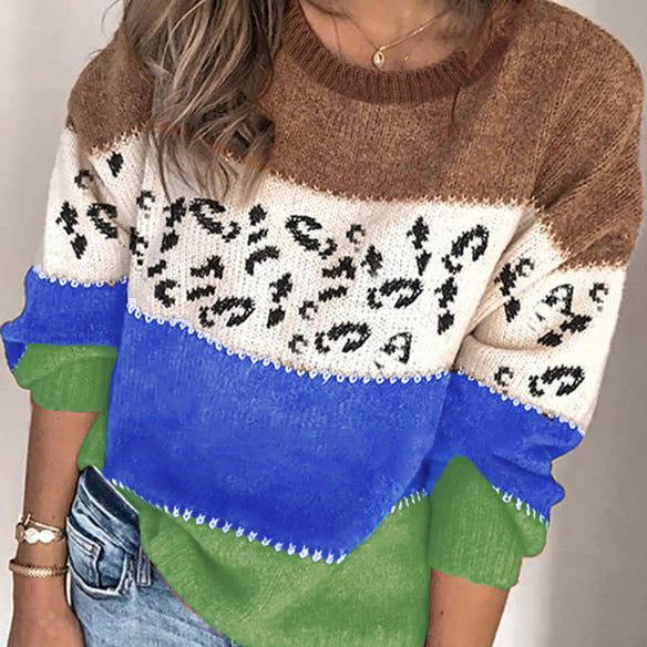 Spring Personality Leopard Splicing Fashionable Knitted Pullover Knitting Women's Sweater