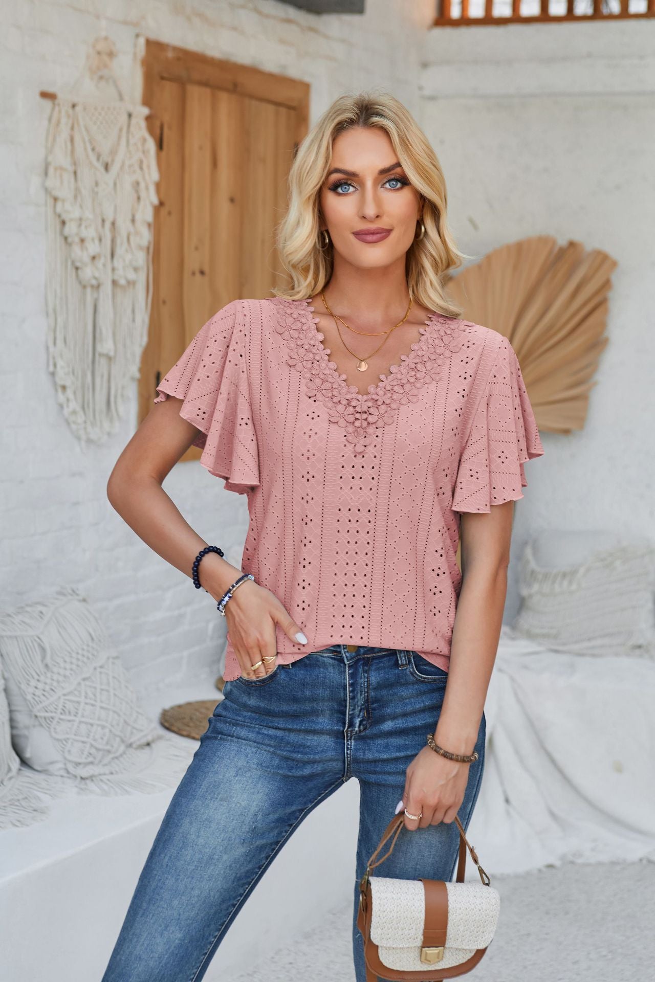 Women's Lace Ruffle Solid Color Loose T-shirt Blouses
