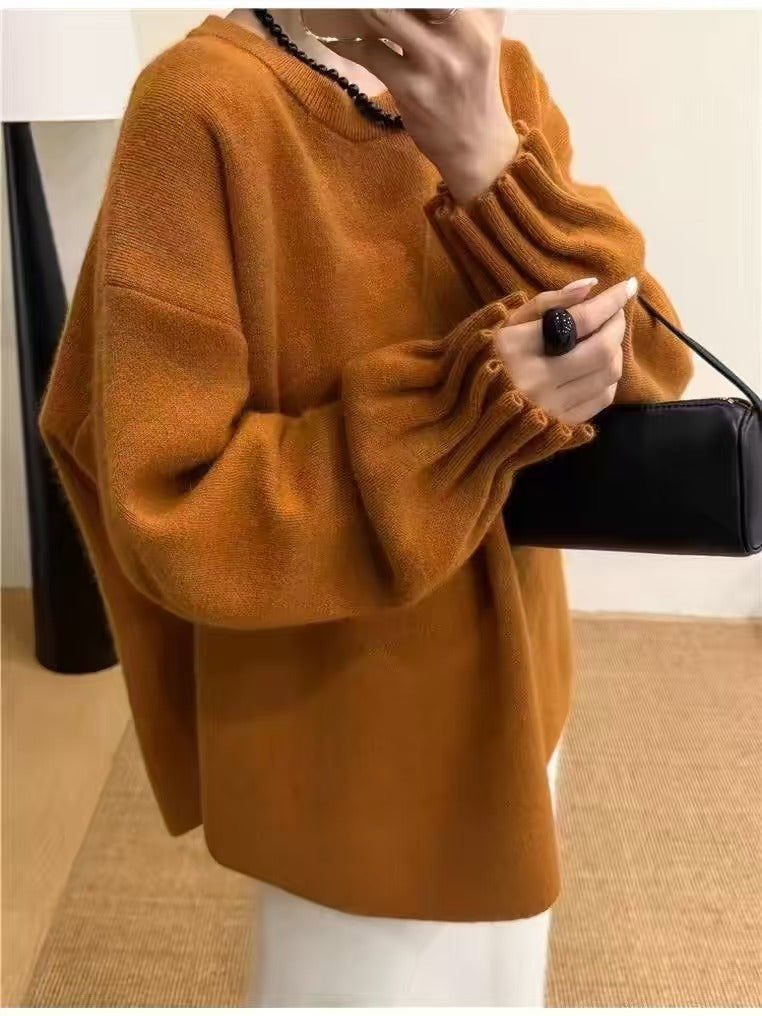 Women's Korean Style Loose Lazy Pleated Embroidered Round Neck Large Winter Women's Sweater