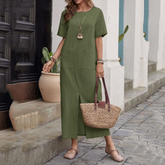 Women's Summer Cotton Linen Solid Color Loose Round Dresses