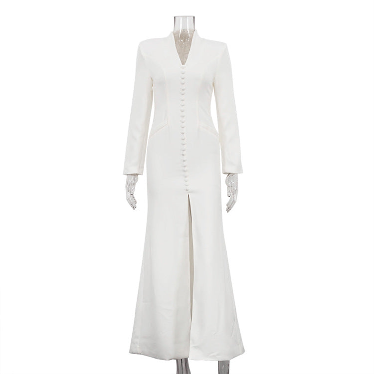 Women's Long Sleeve Temperament High Waist Split Dresses