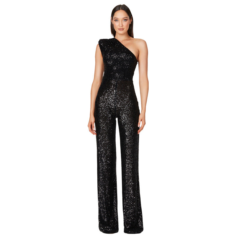 Women's Fashion Sleeveless One Shoulder Backless Sequined Jumpsuits