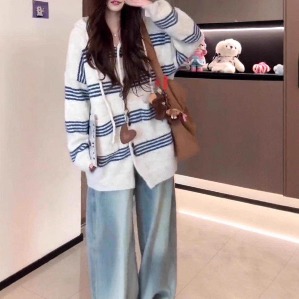 Women's Idle Style Mixed Color Stripe Hooded Long Sweater
