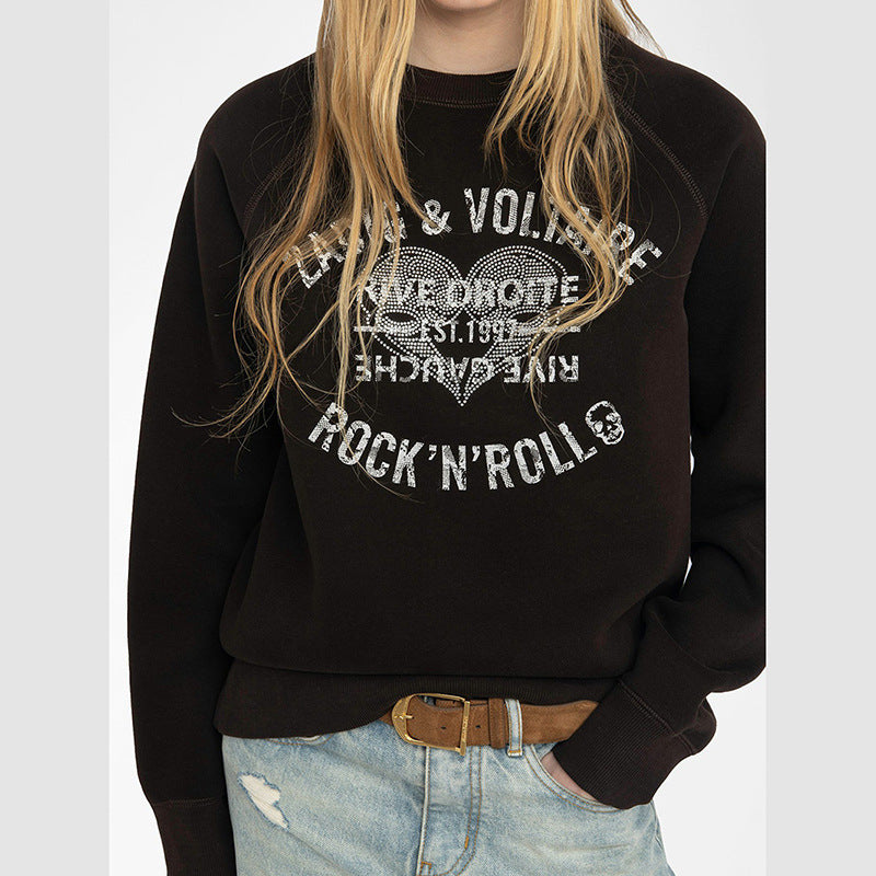Classic Letter Printing Heart Hot Rhinestone Sweaters