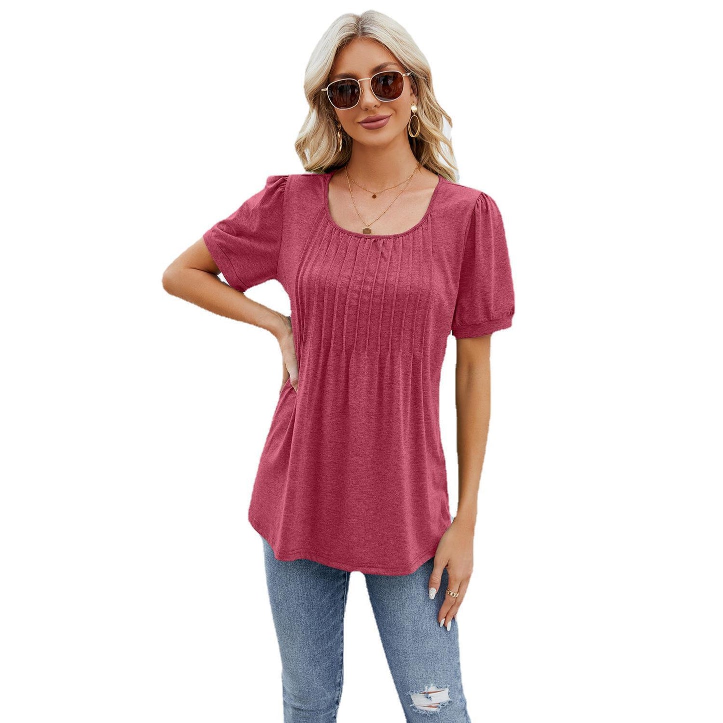 Women's Round Neck Strip Loose Sleeve T-shirt Tops