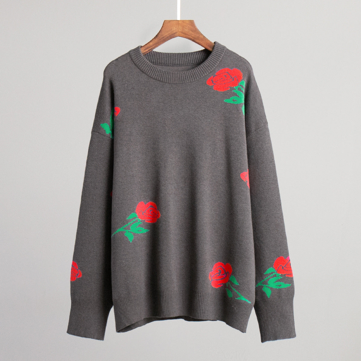 Women's Rose Printed Round Neck Loose Pullover Sweaters