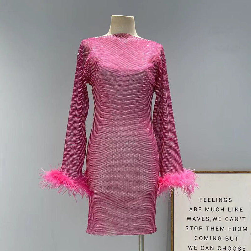 Fashion Luxury Hollow Mesh Ostrich Feather Slimming Bottoming Dress