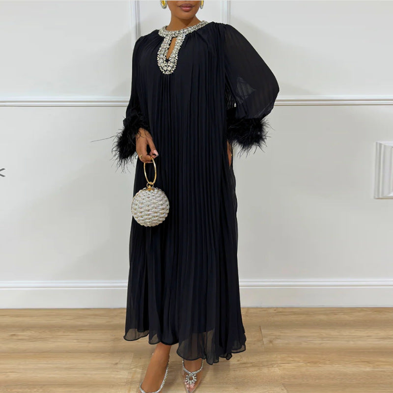 Women's Dress Round Neck Rhinestone Ostrich Fur Sleeve Stitching Pleated Dresses