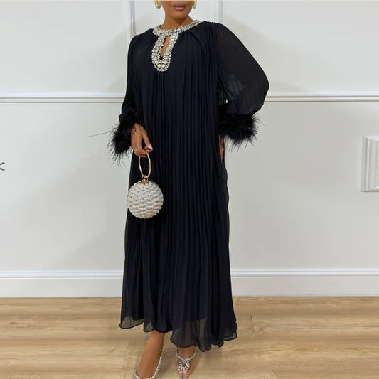 Women's Dress Round Neck Rhinestone Ostrich Fur Sleeve Stitching Pleated Dresses