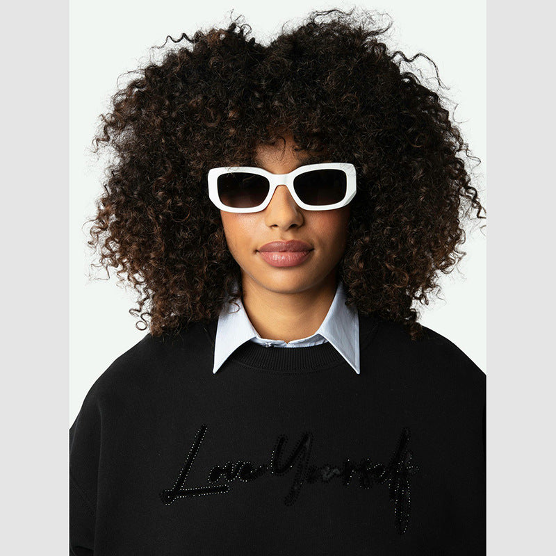 Women's French Niche Letters Flocking Rhinestone Fleece Sweaters