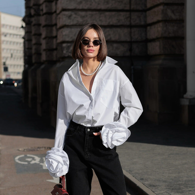 Women's Style Design Stitching Flower Long Sleeve Shirt Tops