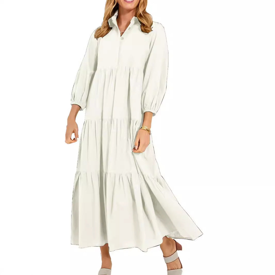 Women's Button Lapel Long Fashion Pullover High Waist Casual Solid Dress