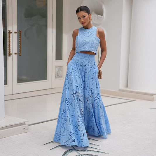 Women's Autumn Elegance Sleeveless Embroidery Hollow Lace Long Dress Vacation Suits