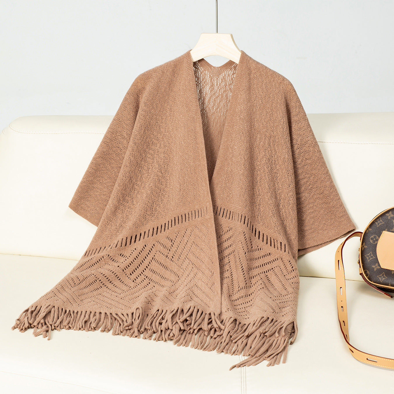 Women's Solid Color Knitted Tassel Cape Shawl Casual Women's Sweater
