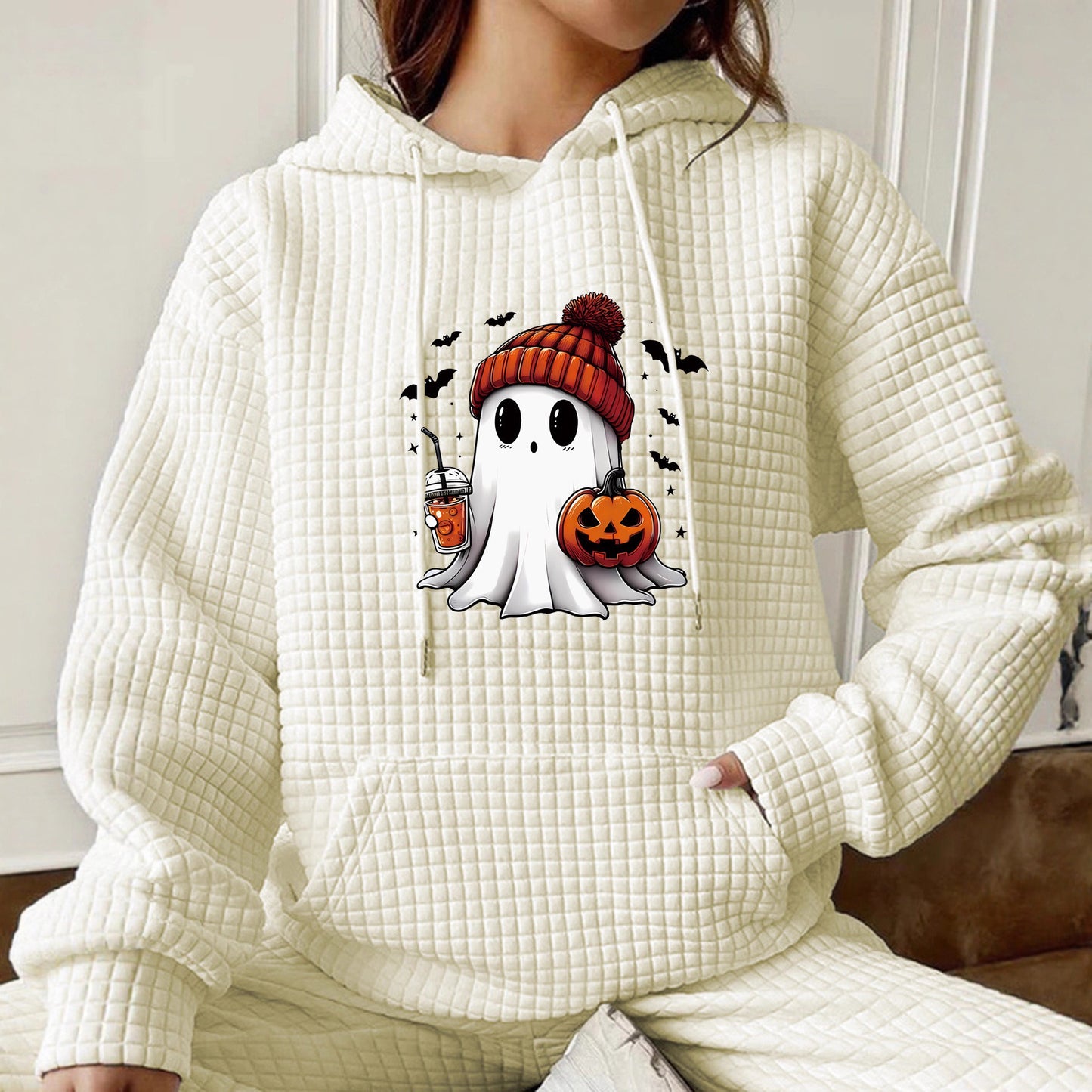 Women's Waffle Long Sleeve Pullover Halloween Printed Tops