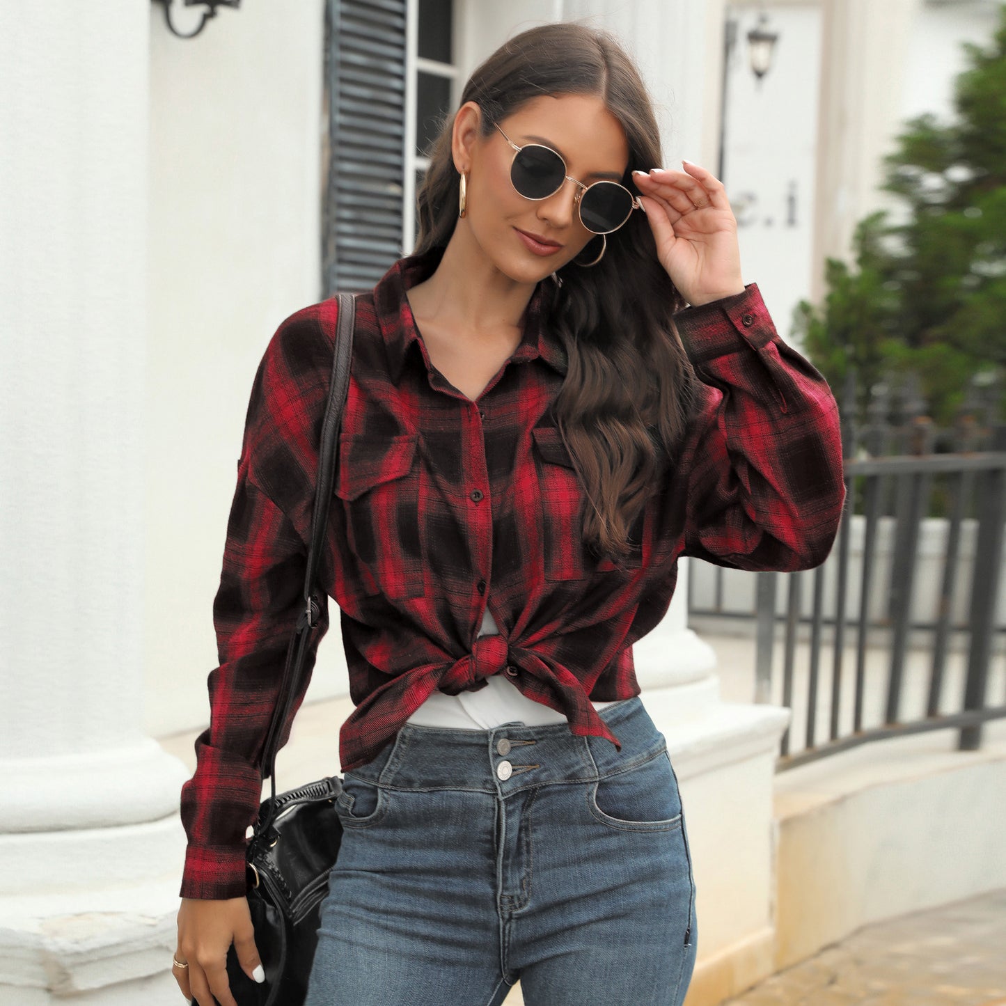 Women's Large Long-sleeved Plaid Button Shirt With Blouses