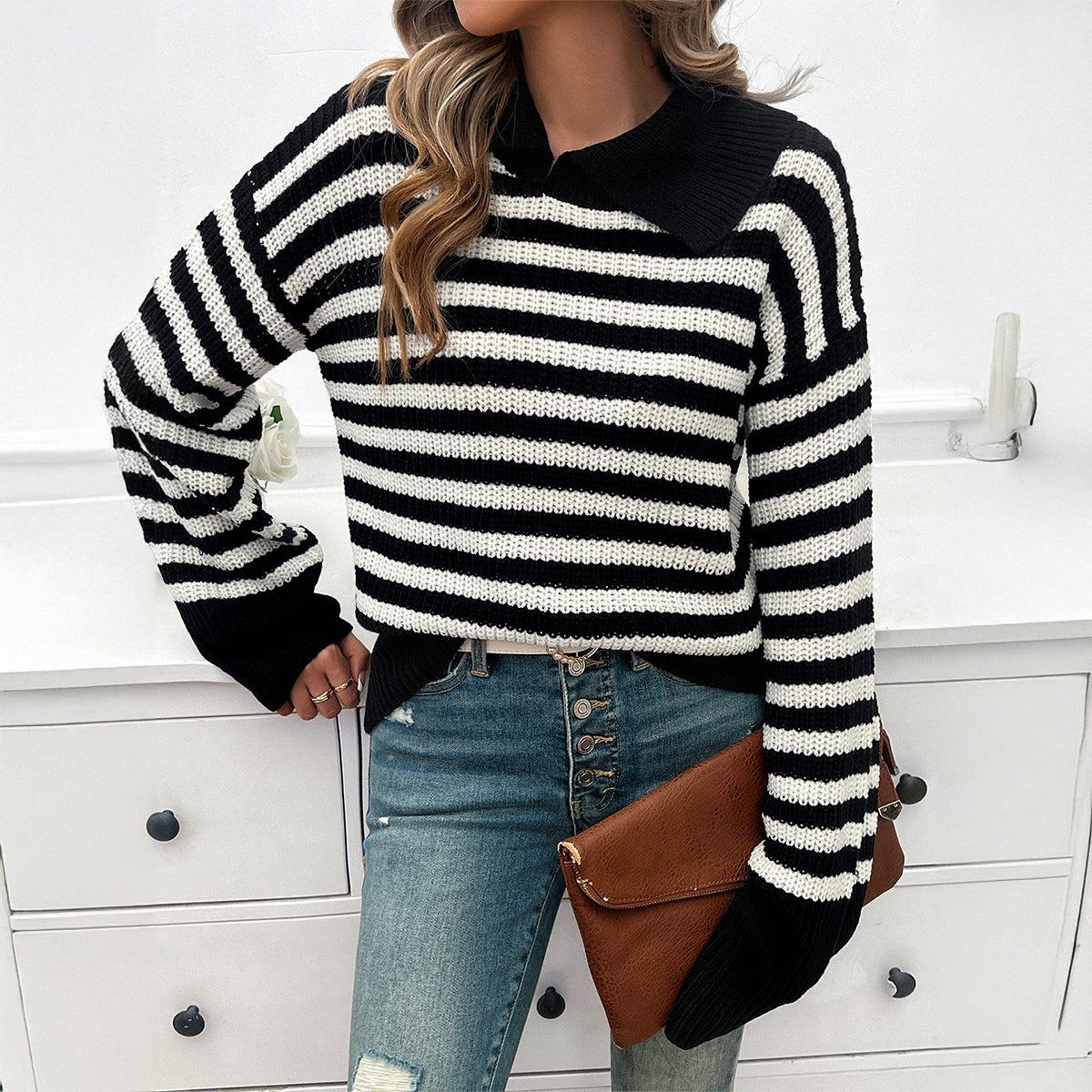 Women's Casual Simple Style Striped Lapel Sweaters