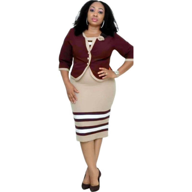 Women's African Striped Button Dress Two-piece Colors Suits