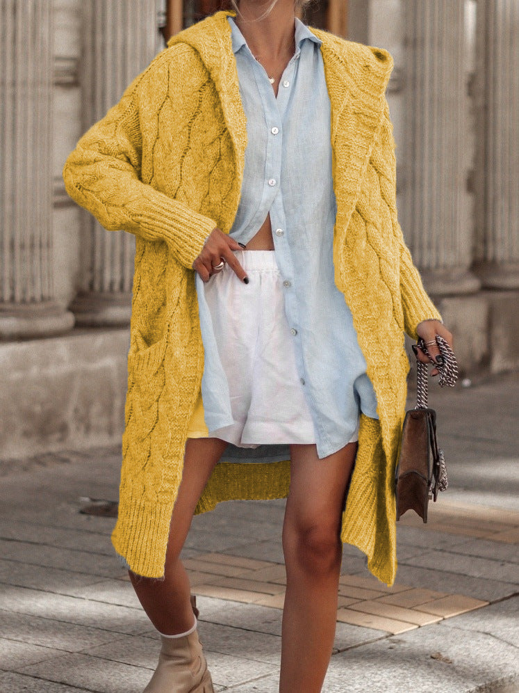 Women's Long Hooded Double Pocket Twist Knitwear