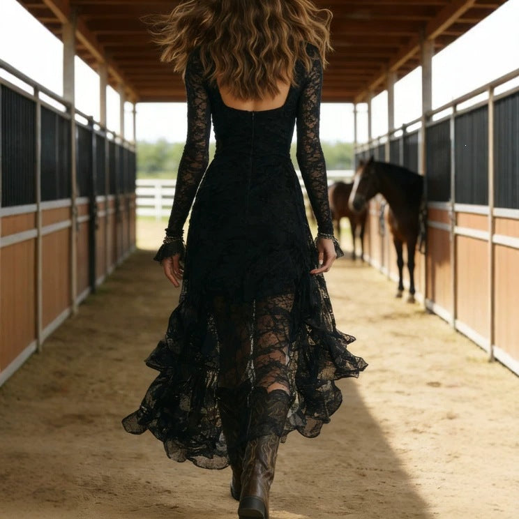 Women's Solid Color Stitching High Waist Long Sleeves Lace Dress