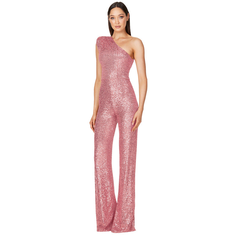 Women's Fashion Sleeveless One Shoulder Backless Sequined Jumpsuits