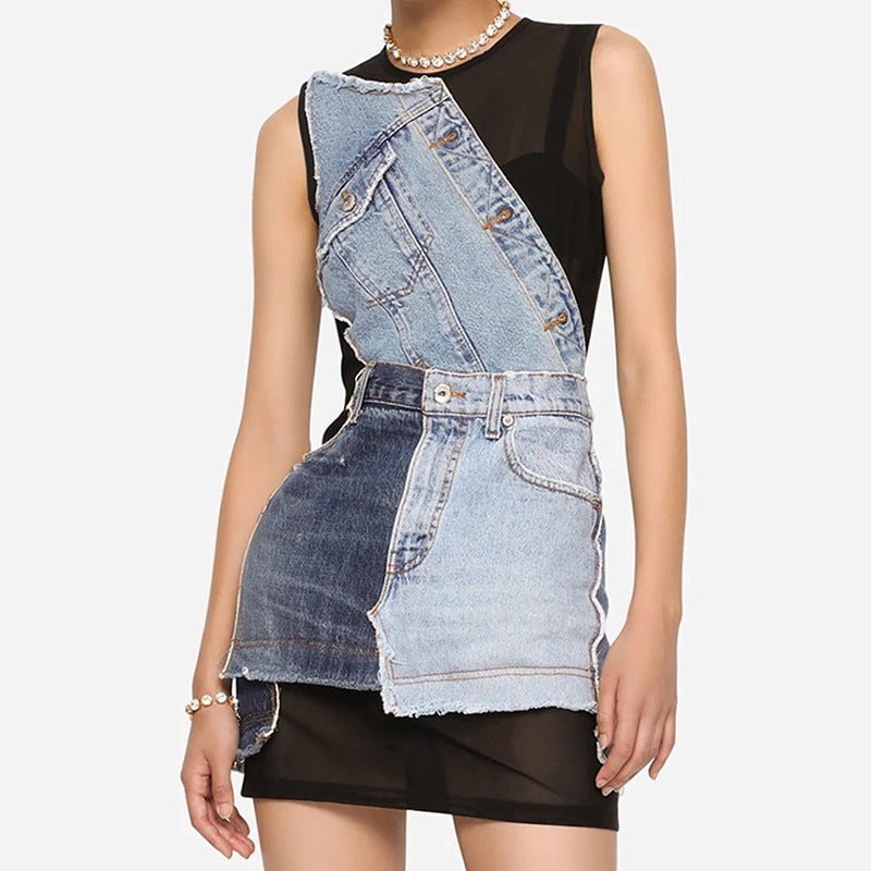 Women's Street Hipster Sleeveless Denim Summer Mesh Stitching Dress