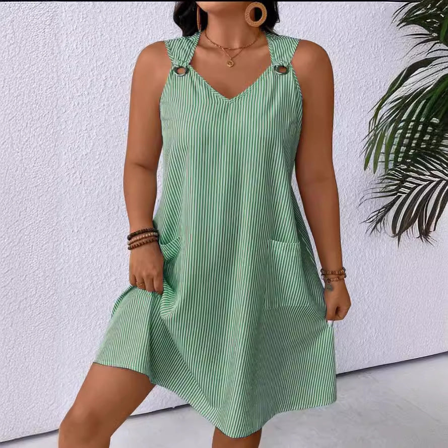 Glamorous Round Neck Pocket Striped Overall Skirts