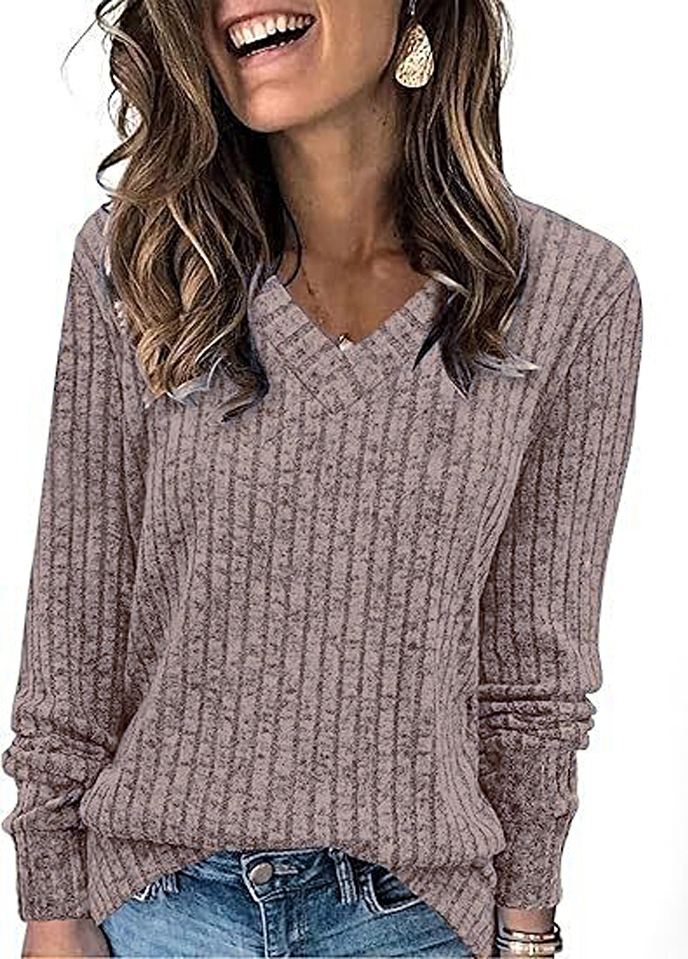 Women's Sunken Stripe Long-sleeved Solid Color Brushed Women's Sweater